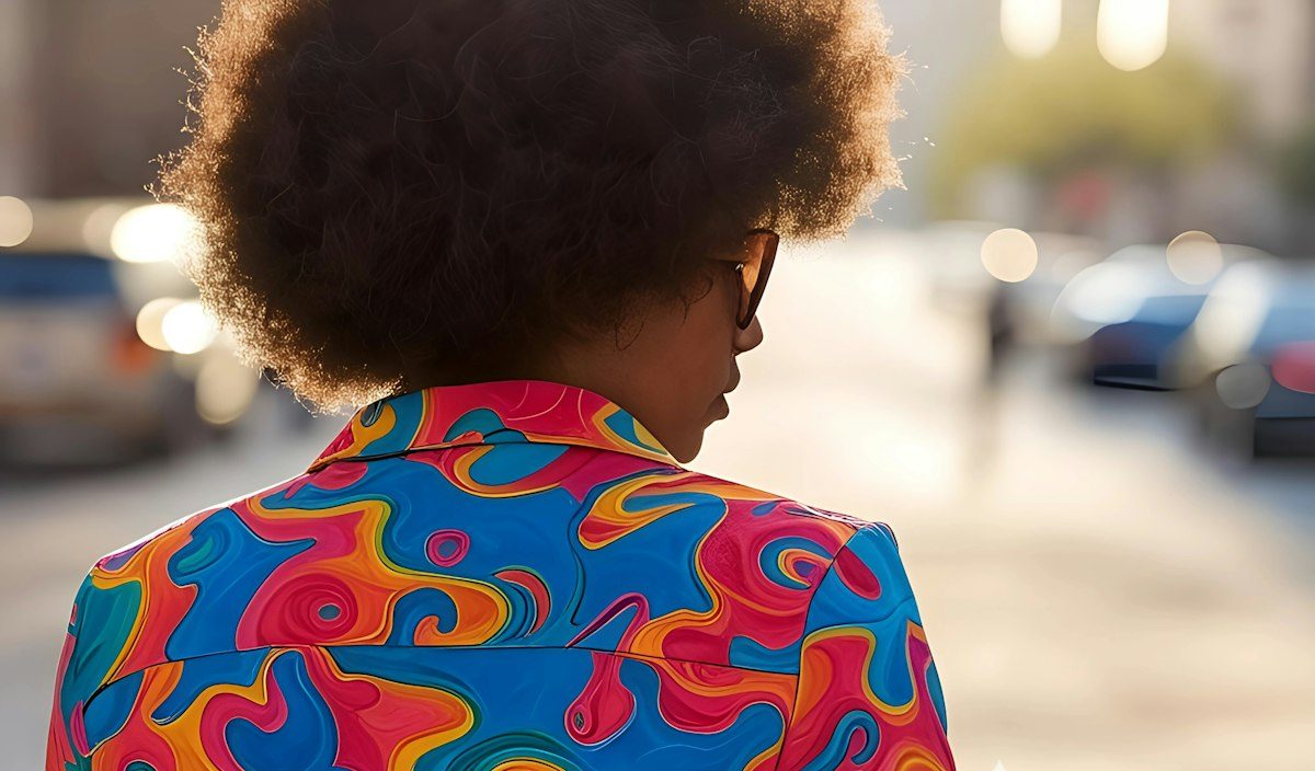 A colorful printed shirt seen from behind on a city street.
