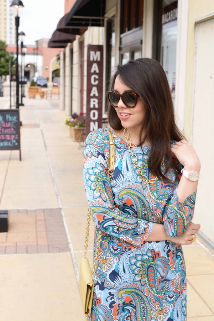 Paisley shift dress + gold accessories