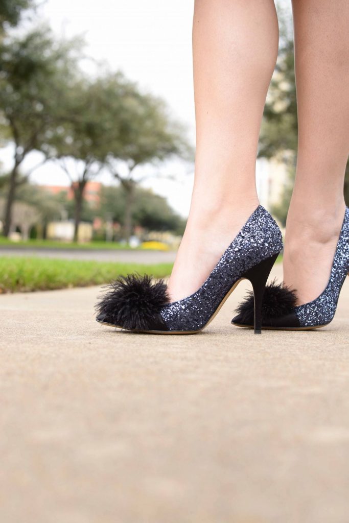 Kate Spade feather pom + sparkle heels