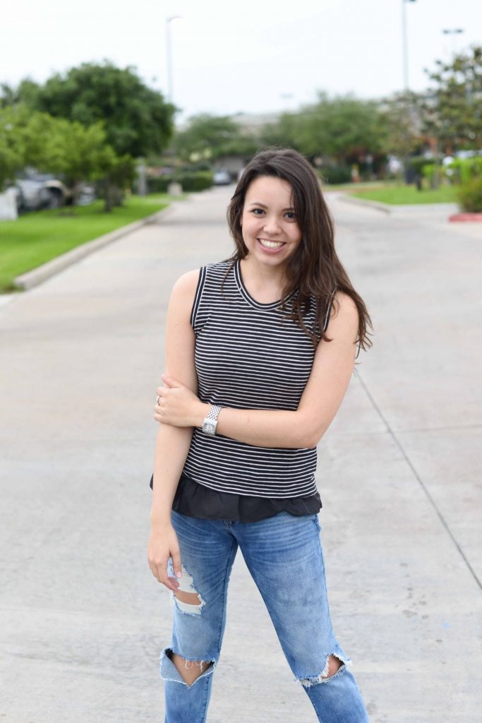 Ruffle tee with destroyed jeans