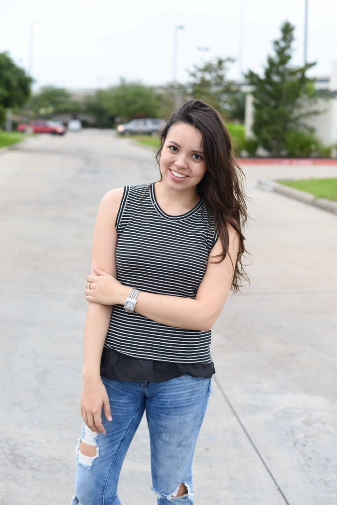 Ruffle tee with destroyed jeans