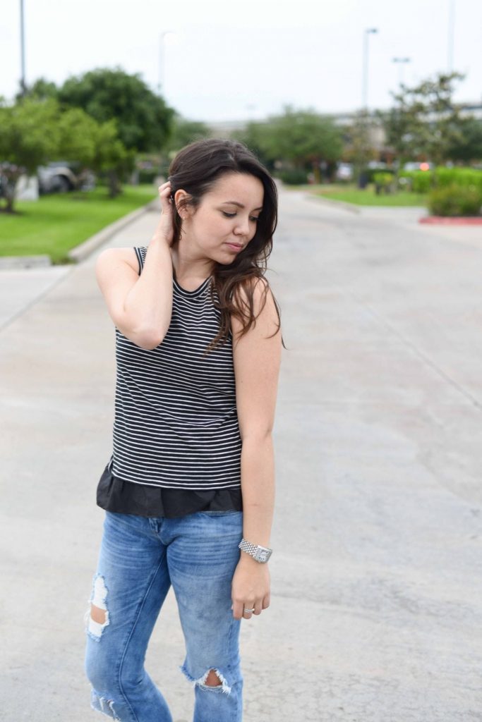 Ruffle tee with destroyed jeans
