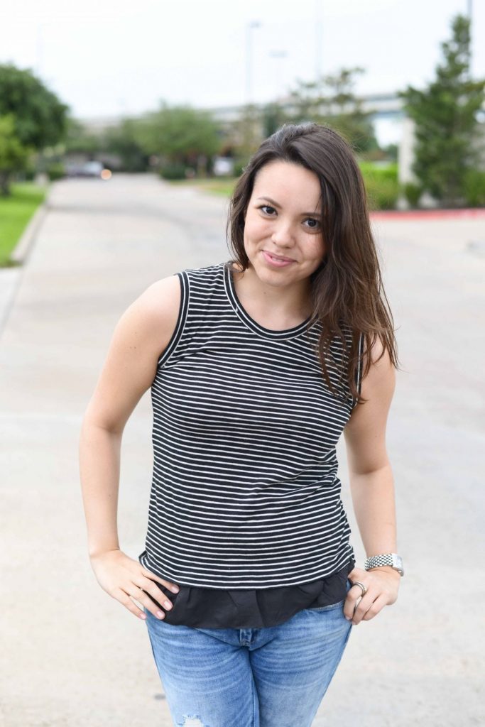 Ruffle tee with destroyed jeans