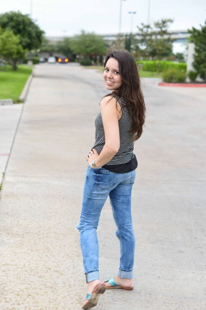 Ruffle tee with destroyed jeans