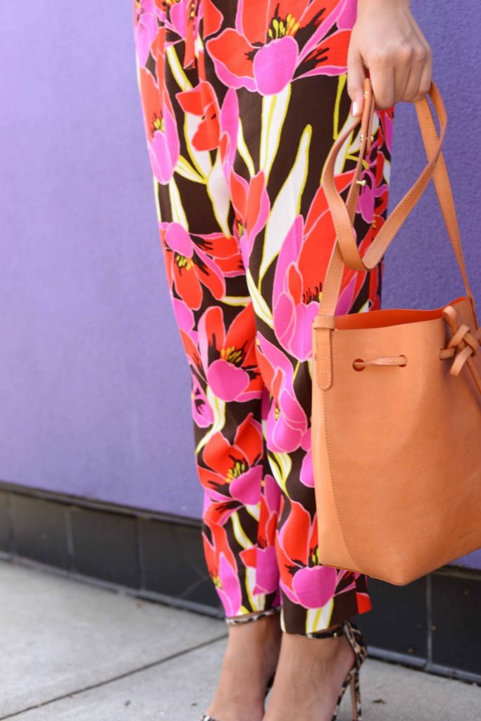 Floral Pants & Mansur Gavriel bucket bag
