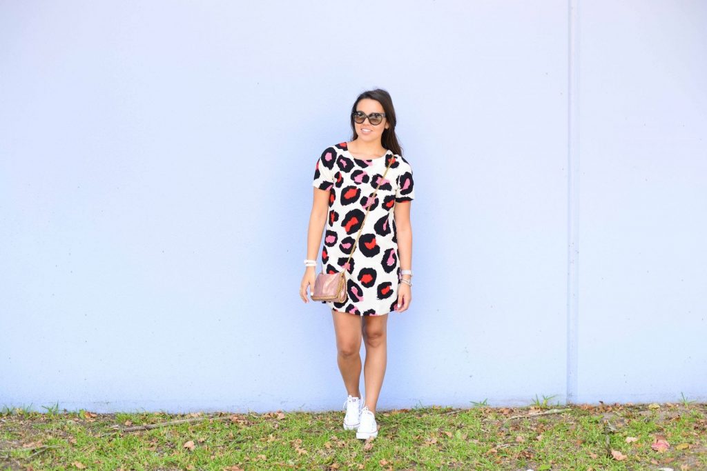 Sneakers and shift dress