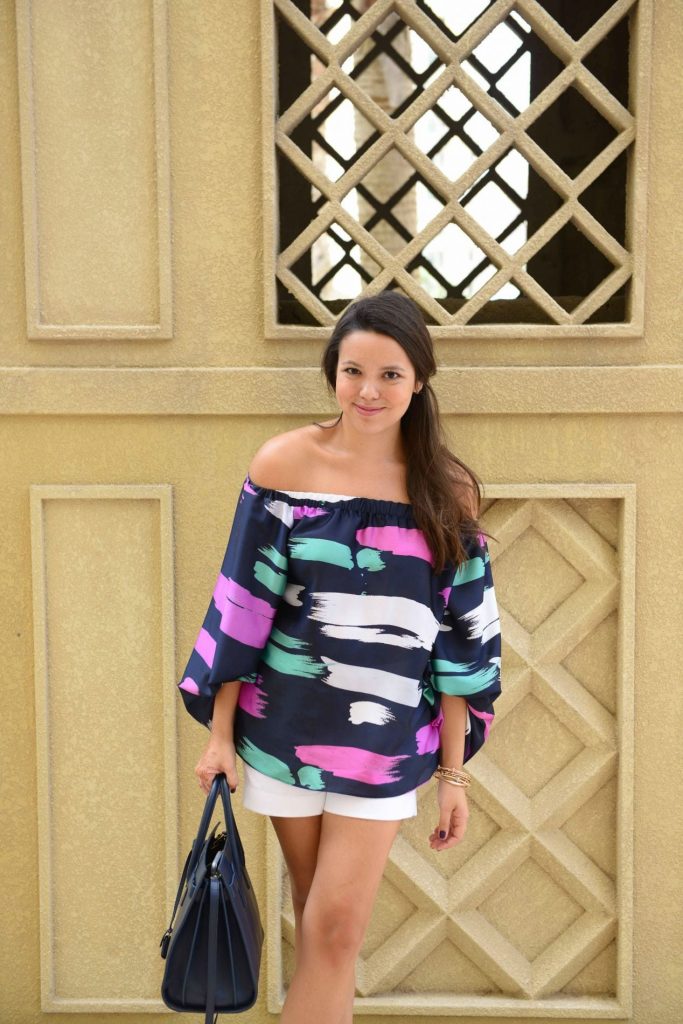 Mosaic print off the shoulder silk top