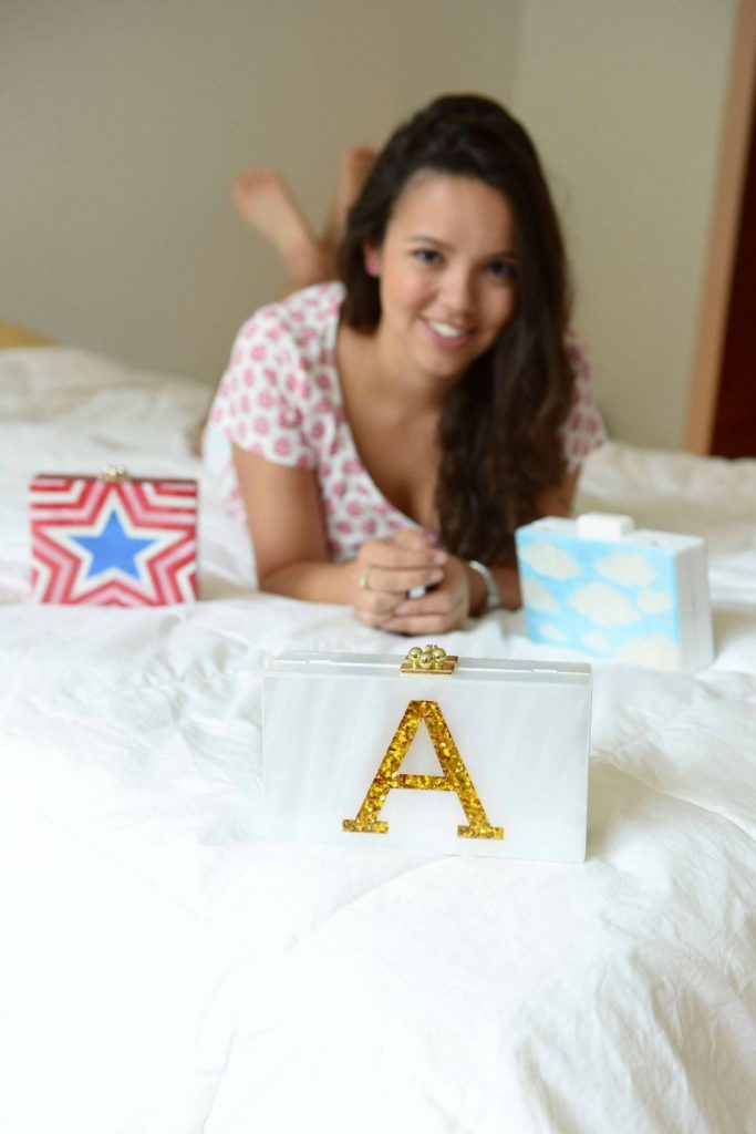 Gold glitter monogram clutch