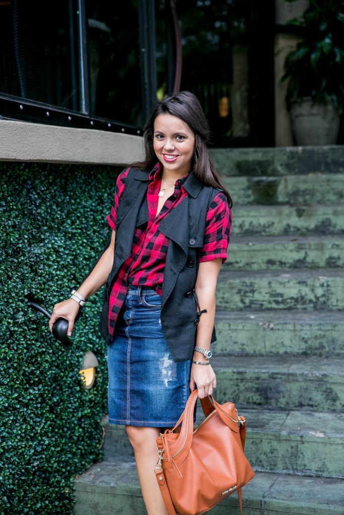 Buffalo Check plaid shirt & denim skirt - Alex Carreno
