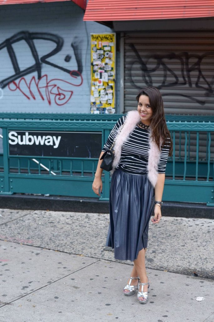 Feather Vest and Faux Leather Skirt - NYFW Street Style - Alexandra Carreno