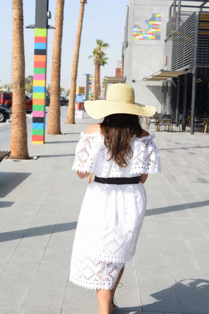 off-the-shoulder white eyelet dress