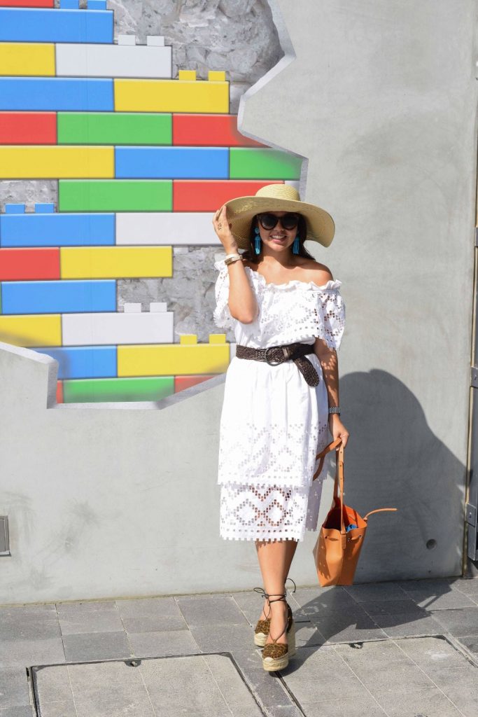 Oversized hat & white eyelet dress