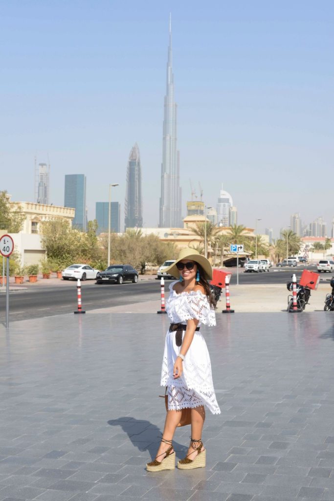 Vintage Eyelet Dress in front of the Burj al Khalifa, Dubai