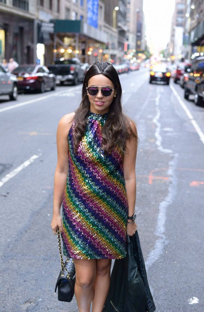 Vintage rainbow sequin dress - Alexandra Carreno NYFW Street Style