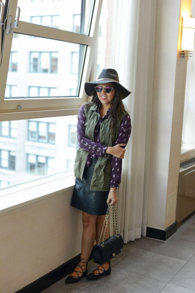 Military green vest & leather skirt