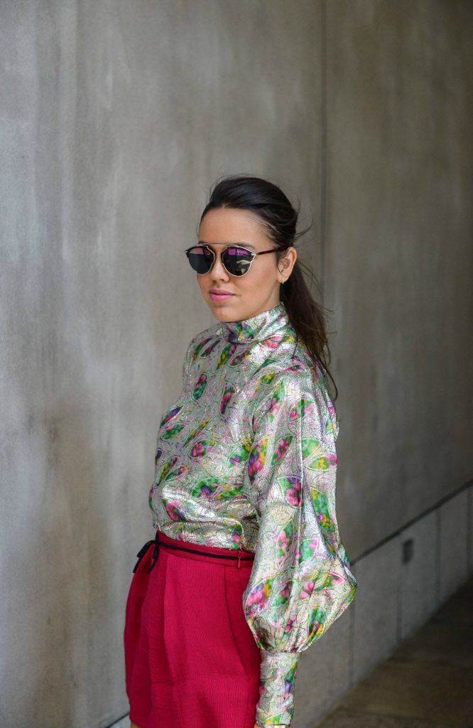 Vintage silver high collar top - NYFW Street Style