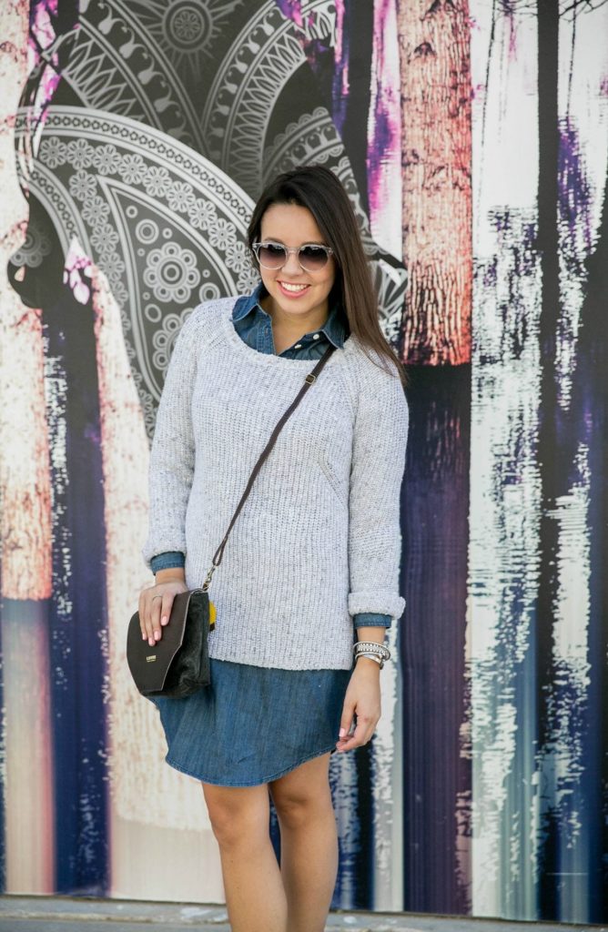 Chambray dress with a sweater