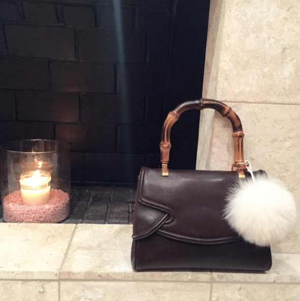 Vintage top handle leather purse - pom pom keychain