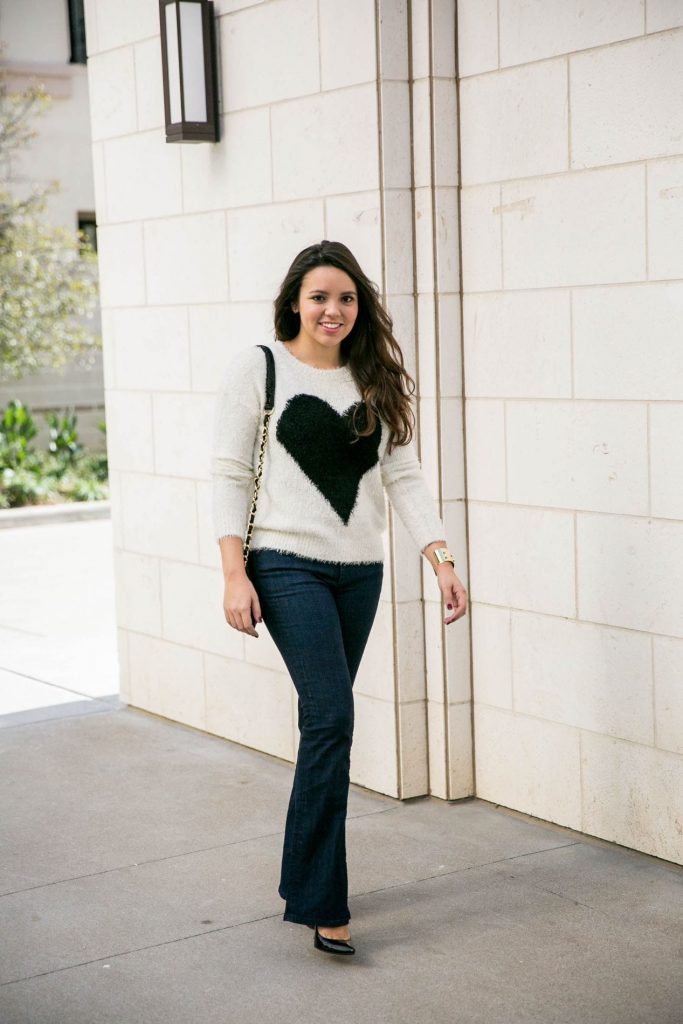 fuzzy-white-sweater-flare-jeans