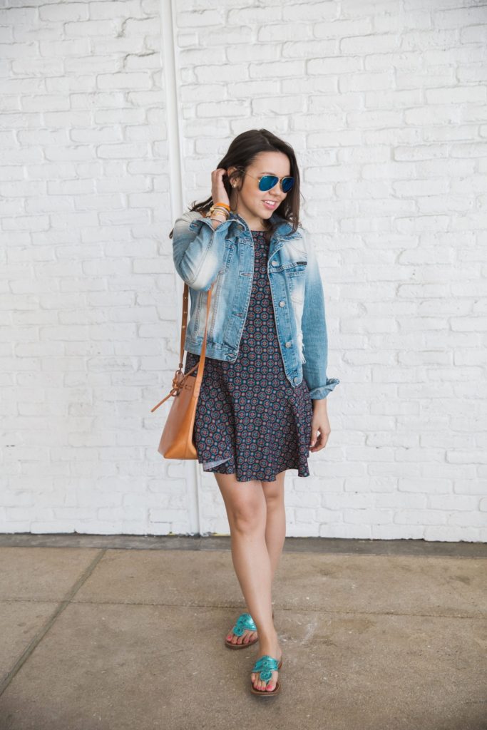 denim jacket and navy printed dress