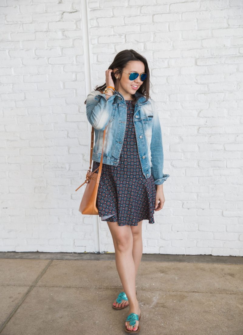 denim jacket and navy printed dress
