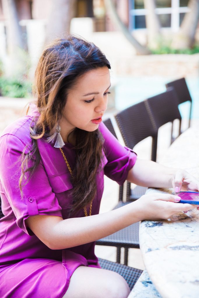 purple shirt dress, tassel earrings