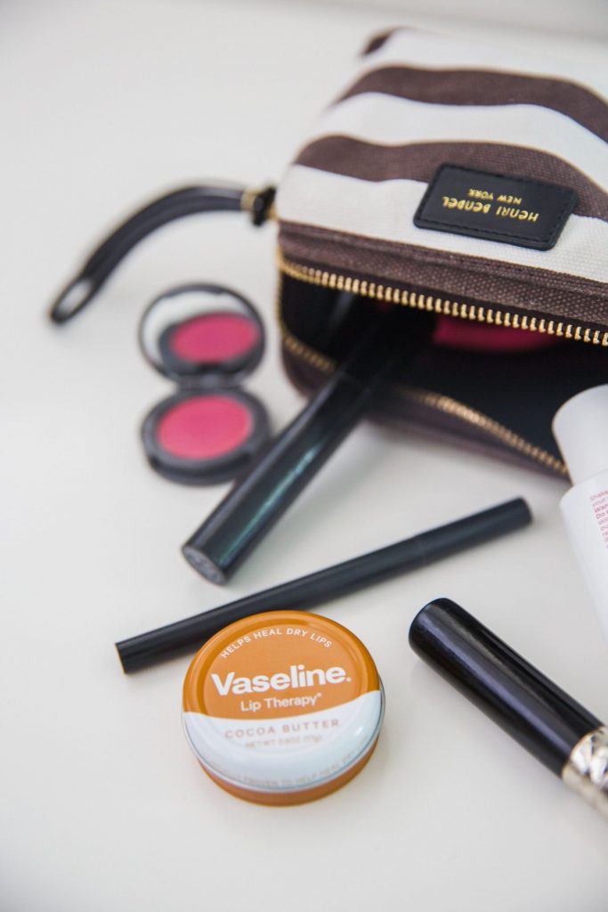makeup and striped makeup bag