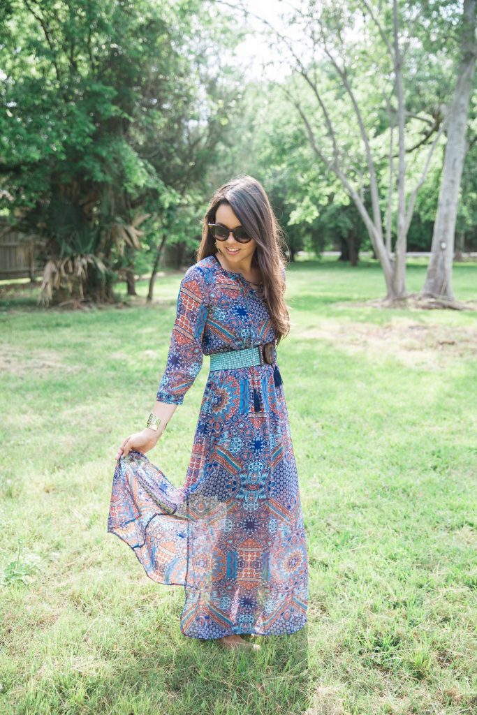 Long sheer belted maxi dress