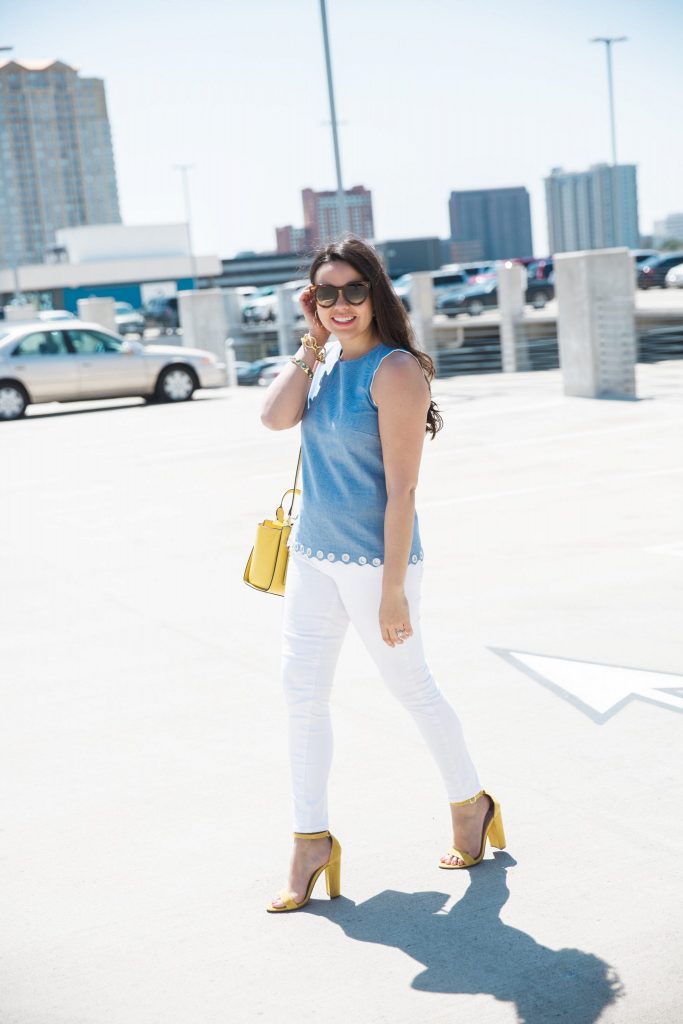 chambray top and white jeans