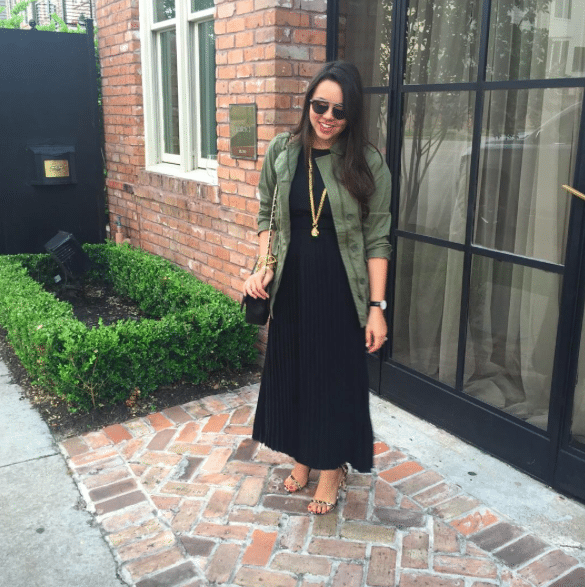 Joe Fresh fatigue military jacket, Tibi pleated midi dress