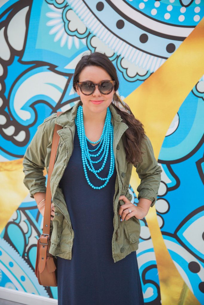 Layered teal beaded necklace, fatigue Joe Fresh jacket