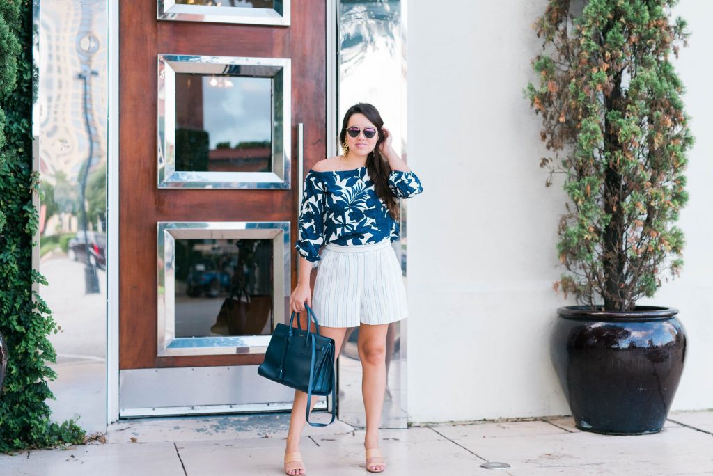 AnnTaylorofftheshouldertop-drapeyshorts-patternmixing-AdoredbyAlex05
