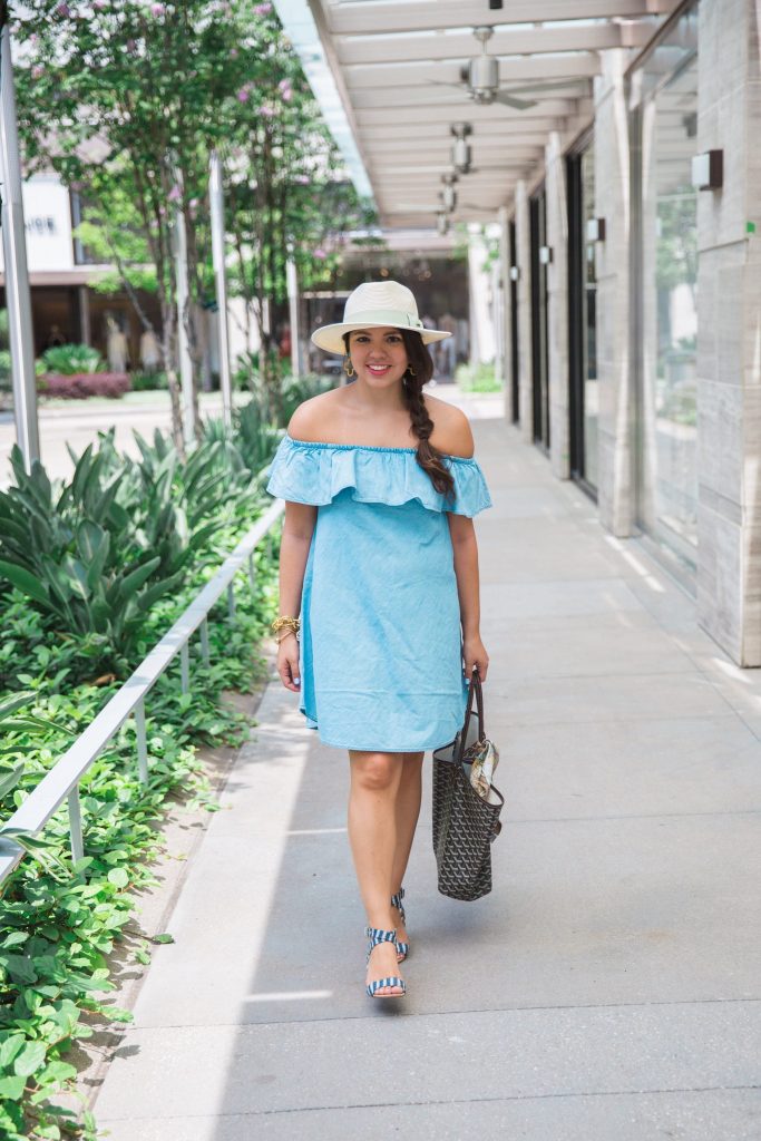 off-the-shoulder chambray dress