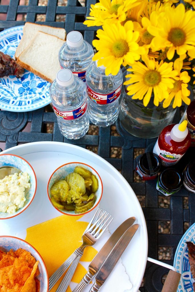 summer tablescape with Ozarka water