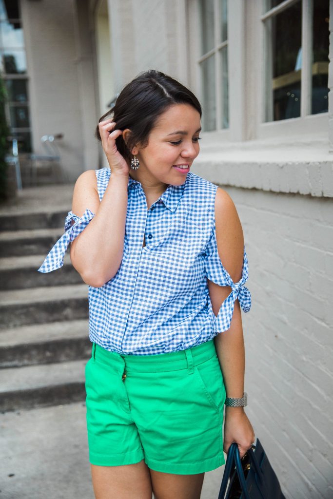 Gingham cold shoulder top