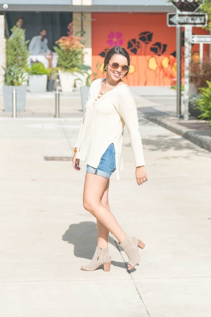 jean shorts and peep toe booties