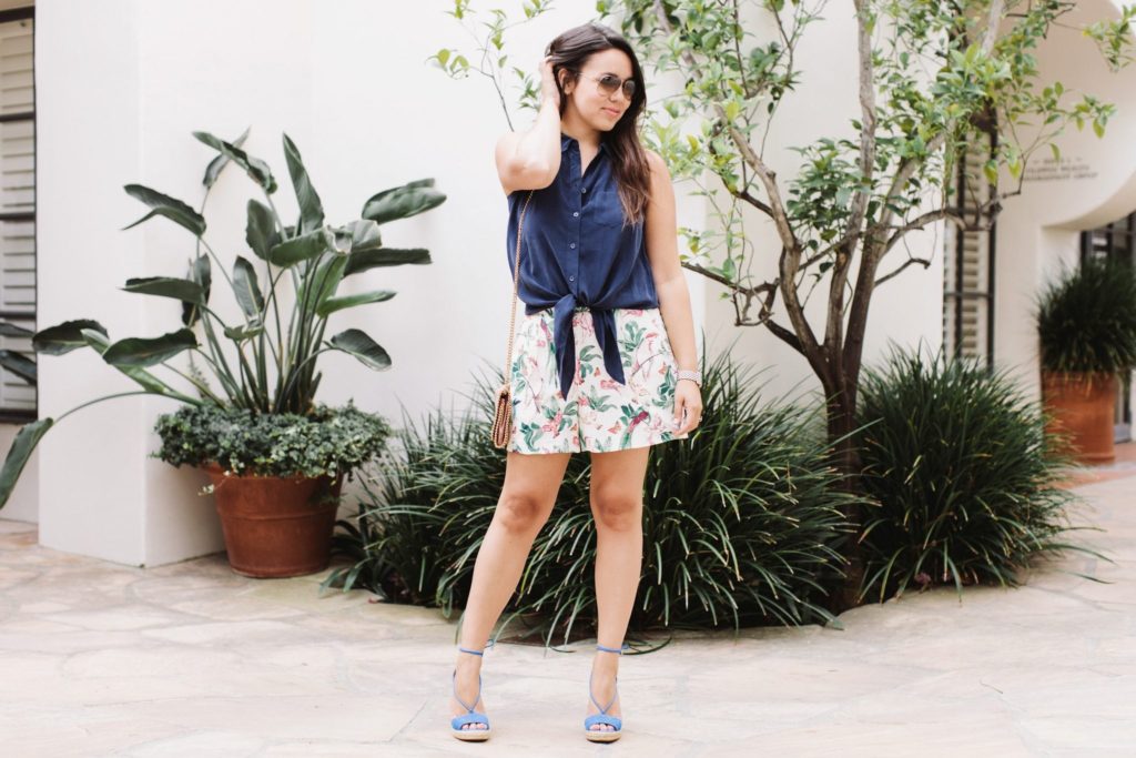 Navy Tie-Up Blouse and Printed shorts