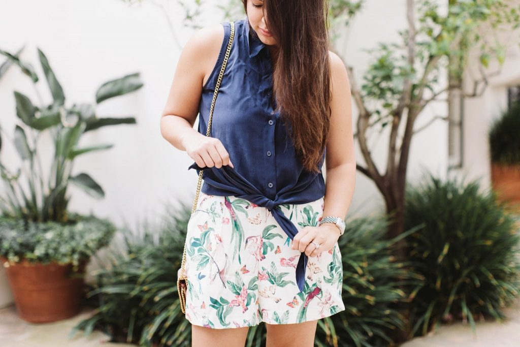 tie-up blouse with high-waisted shorts