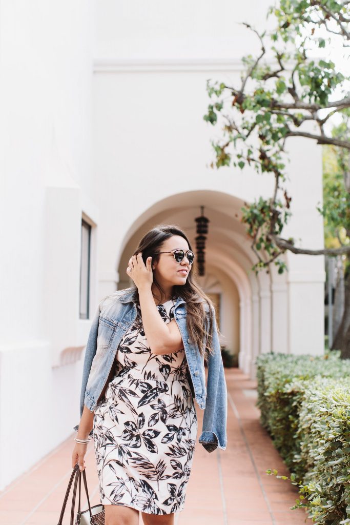 faded jean jacket and summer floral dress