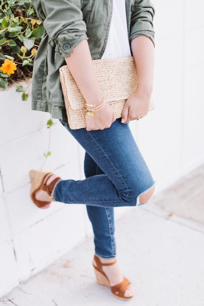 distressed denim, raffia clutch