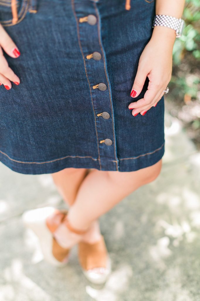 dark wash button front blue jean skirt