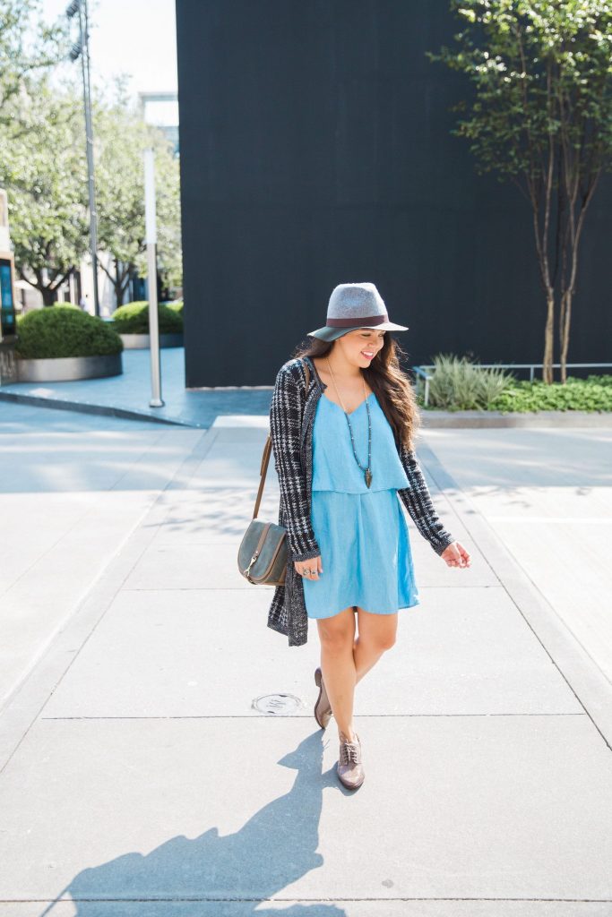 chambray dress with patent oxfords