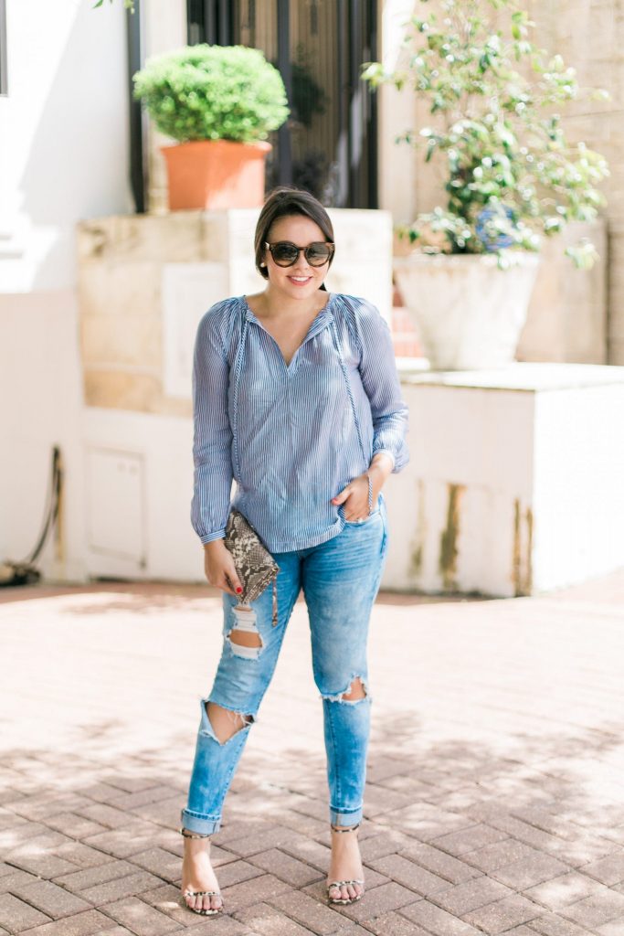 striped tie front top