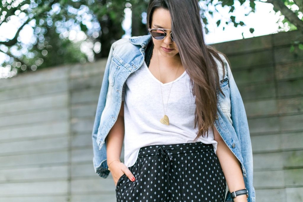 White tee and black lace bralette 