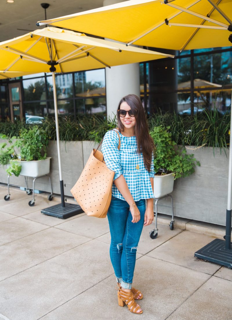 Turquoise gingham print blouse