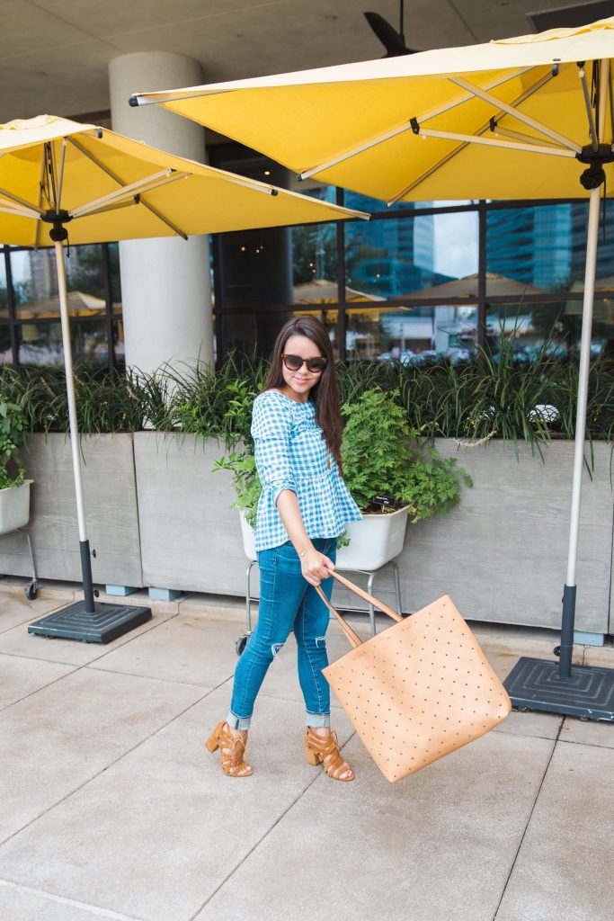 AG 'The Legging' Ankle Jeans, large camel tote