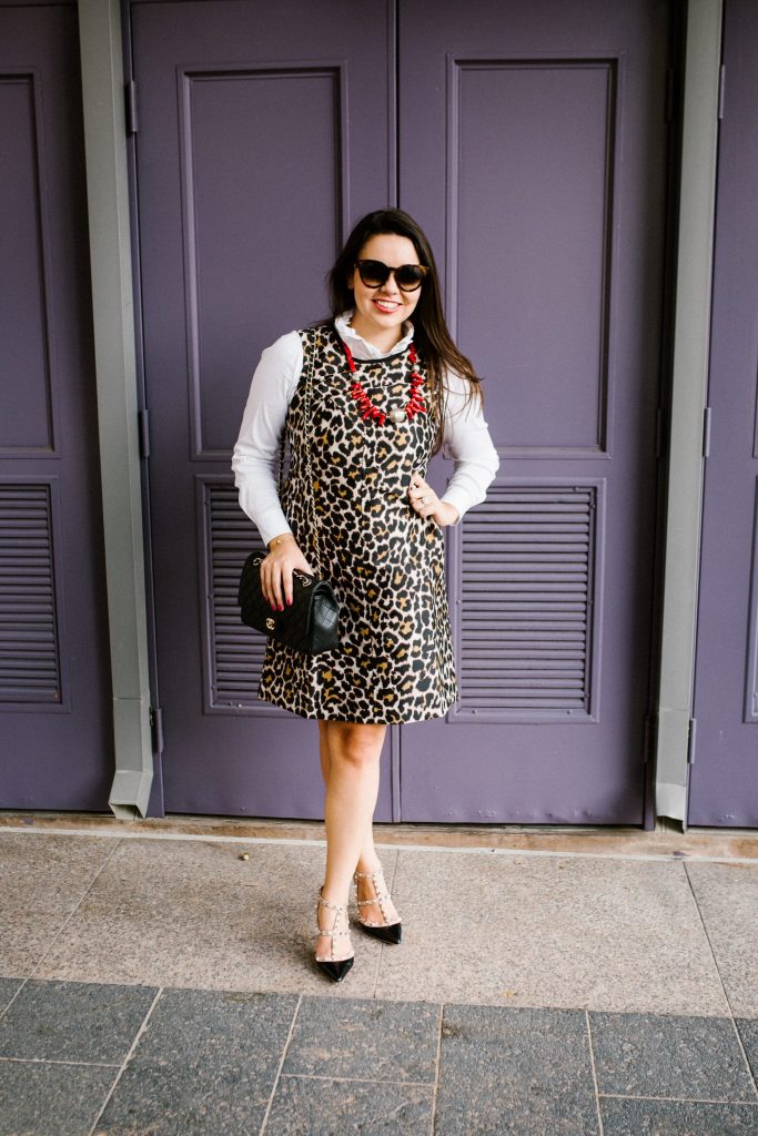 layered button-down under a shift dress