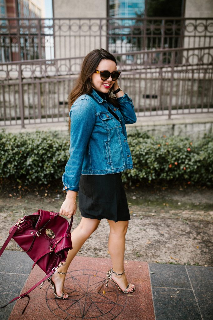 Black silk skirt and leopard print heels