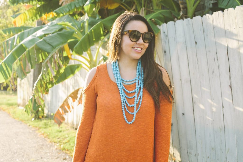 orange cold shoulder sweater