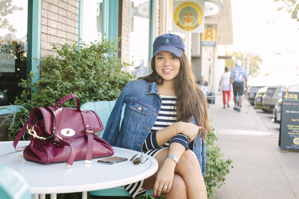 Jean jacket over striped dress
